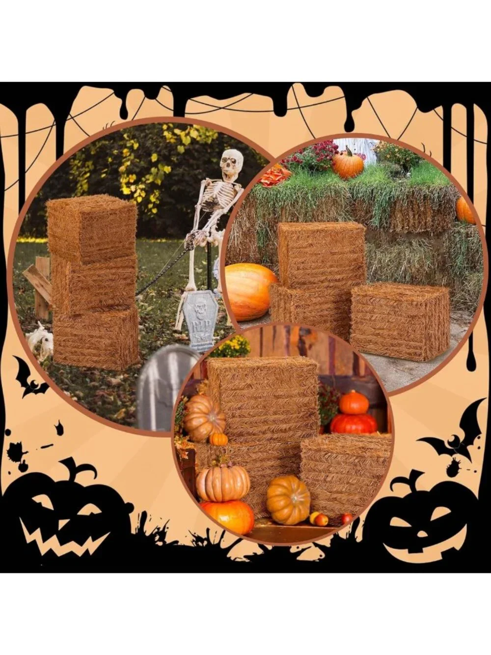 Set of 3 Decorative Faux Hay Straw Bales - Fall Harvest Home Decor, 18x14x14
